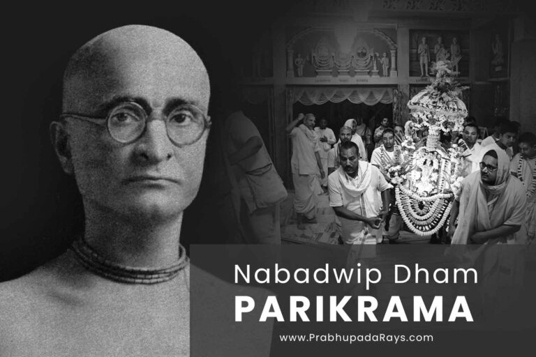 Nabadwip Dham Parikrama Significance of Parikrama: Dhama Parikrama means the end of Samsara Parikrama. It delivers the soul from the tritapa (three kinds of) sufferings caused by the material prkrtī (nature) of Bhagavan. This Dhama Parikrama is one of the sixty-four limbs of Bhakti. Srila Rupa Goswami Pada said: "Abhyutthanam Anuvrajyah gatih sthane Parikrama". (Bhakti Rasamrta Sindhu, Purva) Srila Rupa Goswami pada considered dhama parikrama as a part of sixty-four components of Bhakti. The mundane people travel the material world keeping the griha (household life) at the center. Therefore, they struggle in the turbulent ocean of the material world. Similarly, the devotees circumambulate the deity of the Lord and the places where the Lord manifested His pastimes. In this way, they attain unconditional love for Bhagavan and His devotees. Ultimately, they give up this material world and enter the abode of God to serve Him as His eternal servants. Sri Navadvipa Dhama is non-different from Sri Vrindavan Dhama: Sridhama Navadvipa is equivalent to Vrndavana. The nine islands have conjointly formed a colossal lotus. Eight islands are like eight petals with surrounding Antardvipa which is the seed vessel of the lotus. The expansion of Sridhama Vrndavana is 84 Kosha. Similarly, Sri Navadvipa Dhama extends 16 Kosha. The eight islands of Navadvipa are eight dear most sakhis. We came to know about the magnanimous glories of Navadvipa Dhama from the scriptures and the sadhus. Srila Narottama Dasa Thakura Mahashay said: "Sri Gaura mandala bhumi yeva jane cintamani tar hay vraja bhume vasa" Meaning: Those who see Gaura Mandala nondifferent from the transcendental abode of the Lord, are eligible to enter Vraja Dhama. Therefore, a mere particle of dust of Dhama is completely transcendental. One can have a darshan of Dhama after worshipping Bhagavan or accumulating "sukriti" (devotional services) for numerous births. The Mahajanas said: Adyapiha nitya lila kare Gora Raya। Kono kono bhagyavana dekhivare paya।। Meaning: Sri Gauranga Mahaprabhu is still manifesting His pastimes in Navadvipa. Only the fortunate souls can view those. Sri Nityananda Prabhu first introduced Navadvipa Parikrama: Sri Nityananda Prabhu first introduced the Navadvipa Dhama Parikrama to His beloved devotee Sri Jiva Goswami. The entire account was described in Bhakti Ratnakara by Narahari Sarkar Thakura. Sri Jiva Goswami meets Sri Nityananda Prabhu: Sri Nityananda Prabhu came to Navadvipa from Khardaha. There He was happily spending His days in the house of Srivasa Pandita. One day He smiled and said to Srivasa Pandita, "I think the nephew of Sri Rupa & Sanatana: Sri Jiva is coming today'. At once a Vaishnava told Sri Nityananda Prabhu that Sri Jiva had come to Navadvipa. Sri Jiva Goswami was waiting at the gate of Srivasa Pandita. "Shuni Nityananda Prabhu anandita haila Sri Jivere shighra loka dvare anaila" Meaning: The news of Sri Jiva's arrival made Sri Nityananda Prabhu very happy. He sent a man to receive and bring Sri Jiva. "Sri Jiva adhairya haila prabhura darshane Nivarite pare ashrudhara du nayane" Meaning: Sri Jiva Goswami became very ecstatic as soon as he saw Prabhu Nityananda. He could not control his tears. "Karaye yateka dainya kahane na Yay Lotaiya pade prabhu Nityananda pay" Meaning: His humility cannot be estimated. He fell at the feet of Prabhu Nityananda. Later Sri Nityananda Prabhu pacified Sri Jiva with His warm words and requested Srivasa and other devotees to keep Sri Jiva there for some days. Sri Nityananda Prabhu explained the glory of Sri Navadvipa Dhama to Sri Jiva Goswami. Sri Jiva saw the aged mother of Sri Gaurasundara, Saci Mata sitting in the corridor. Her eyes were closed, and her mind was absorbed in her beloved son's thoughts. Sri Nityananda Prabhu introduced Sri Jiva to her. Saci Mata fed them prasada. The date of Navadvipa Parikrama by Sri Jiva Goswami under the guidance of Sri Nityananda Prabhu: As stated by Srila Bhaktivinoda Thakura in Sajjana Toshani, vol.2 (1885 AD) on Six Goswamis- Sri Jiva Goswami appeared in the Shaka era 1455. He lived 85 years in this world. He spent 20 years at home and studied shastras and 65 years in Vraja. He started for Sri Mayapur- Navadvipa at the age of 20-21 after the departure of his father, Anupam. Within a few days, he reached there. Meanwhile, Sri Nityananda Prabhu left Kharda ha and arrived at Navadvipa where He joyfully lived at Srivasa Paṇḍita's house with other devotees. He took Sri Jiva for the parikrama surrounding the nine islands of Navadvipa. After completing the parikrama Nityananda Prabhu instructed Sri Jiva to go to Vrindavana. It was likely 1415-16. Navadvipa Parikrama by Sri Ishana Thakura, as an associate of Sri Chaitanya Mahaprabhu: After Sri Nityananda Prabhu, the Navadvipa Parikrama was performed by Sri Saci Mata and Ishana Thakura, the household servant of Sri Jagannath Mishra. They were accompanied by Srila Narottama Dasa Thakura, Srinivasa Acharya & his disciple Sri Ramachandra Prabhu. Sri Narahari Chakravarty accounted for this in his book Bhaktib Ratnakara. Sri Jiva Goswami inspired the trio: Srila Narottama Dasa Thakura, Srila Shyamananda Prabhu, and Srinivasa Acharya to spread the message of Sri Chaitanya Mahaprabhu throughout Gauda Desha. Meanwhile, the manuscripts of Goswami literature were looted by the king of Vishnupur, Veera Hamvira. After the restoration of the manuscripts, Srila Narottama Dasa Thakura and Srinivasa Acharya became very eager to visit the birthplace of Sri Chaitanya Mahaprabhu. They arrived at Navadvipa and met Sri Saci mata, Sri Vishnupriya Devi, and Sri Ishana Thakura there. By that time Sri Ishana Thakura took Srila Narottama Dasa Thakura to perform Sri Navadvipa Dhama Parikrama. As stated in Bhakti Ratnakara: "Rajani prabhate Sri Ishana Mahashay' Nadiya bhramane cale ullasa hrdaya" Translation: As the night dawned, Sri Ishana Thakura Mahashaya went to travel to Nadita in great joy. "Srinivasa acarya, Narottama, Ramachandra Ishanera sange cale uthale ananda" Translation: Sri Ishana Thakura was accompanied by Srinivasa Acharya, Srila Narottama Dasa Thakura, and Sri Ramachandra Prabhu. Everyone was in the mood of ecstatic joy. Revival of Sri Navadvipa Dhama Parikrama by Srila Bhaktivinoda Thakura: The Navadvipa Parikrama was initiated by Sri Nityananda Prabhu with Sri Jiva Goswami and followed by Sri Ishana Thakura along with Srinivasa Acharya. But the tradition was lost in course of time. Srila Bhaktivinoda Thakura discovered the birthplace of Sri Chaitanya Mahaprabhu. He hosted a meeting called Navadvipa Dhama Pracarini Sabha in January 1894, the 2nd of the Bengali month Magha. On the 8th day of Chaitra, he installed the deities of Sri Gaura & Vishnupriya and started nitya seva. At that time, he performed parikrama following shastras with a few devotees. He authored the book "Navadvipa Dhama Parikrama". In this book, he demonstrated the position of the nine islands of Navadvipa and their pilgrimages. Arrangement of Navadvipa Parikrama by Prabhupada Bhaktisiddhanta Sarasvati: Srila Bhaktivinoda Thakura instructed Srila Prabhupada to lead the Navadvipa Parikrama started by him. As per the order of Srila Bhaktivinoda Thakura, Srila Prabhupada re-started the Navadvipa Parikrama on 29th February 1920, Sunday from Sri Chaitanya Mahaprabhu's birthplace: Sri Mayapur. The tradition has been followed to date under the guidance of scriptures. Devotees from different world countries visit Navadvipa and execute parikrama through Hari Nama Sankirtana. The shape & area of Sri Navadvipa: The area of the Gauda mandala spreads 120 yojanas (8 Kosas or 8 miles = 1 yojana). It is like a hundred-petalled lotus. In the middle Sri Navadvipa Dhama is situated. It is like an eight-petalled lotus and expands 16 Kosas. There are eight islands in the eight petals of Navadvipa and Sri Mayapur at its seed vessel. Sri Bhakti Ratnakara considers Navadvipa as a group of nine islands. Only four (Antardvipa, Simantadvipa, Godrumadvipa & Madhyadvipa) are situated on the eastern side of the Ganga and five (Koladvipa, Writudvipa, Jahnudvipa, Modadrumadvipa & Rudradvipa) are at west. Since Ganga has changed its direction, Rudrdvipa is now on the eastern side of Ganga. Long before, Ganga, Saraswati (Jalangi/ Khariya), and their tributaries spread in Navadvipa like nets, and the islands were visible distinctly. Gradually the islands are not seen like before. Though their geographical locations are not impossible to ascertain. Navadvipa: The place of nine limbs of Bhakti Navadha Bhakti (nine limbs of Bhakti) is described in the words of Sri Prahlada Maharaj in Srimad Bhagavatam 7.5.23: "śravaṇaṁ kīrtanaṁ viṣṇoḥ, smaraṇaṁ pāda-sevanam arcanaṁ vandanaṁ dāsyaṁ, sakhyam ātma-nivedanam iti puṁsārpitā viṣṇau, bhaktiś cen nava-lakṣaṇā kriyeta bhagavaty addhā, tan manye ’dhītam uttamam" Translation: Hearing and chanting about the transcendental holy name, form, qualities, paraphernalia, and pastimes of Lord Vishnu, remembering them, serving the lotus feet of the Lord, offering the Lord respectful worship with sixteen types of paraphernalia, offering prayers to the Lord, becoming His servant, considering the Lord one’s best friend, and surrendering everything unto Him (in other words, serving Him with the body, mind, and words) — these nine processes are accepted as pure devotional service. One who has dedicated his life to the service of Krishna through these nine methods should be understood to be the most learned person, for he has acquired complete knowledge. Sri Bhakti Rasamrta Sindhu, Purva Section (2.129) says, King Parikshita through hearing, Sri Sukadeva through kirtana, Sri Prahlada through remembering, Lakshmi Devi through serving the feet, Prthu Maharaj through worships, Akrura through prayers, Hanumana through servitorship, Arjuna through divine friendship and Vali Maharaj through utmost surrender attained Bhagavan. This Navadvipa Dhama is considered the seat of the nine limbs of Bhakti. Because the nine islands are the symbols of the nine limbs of Bhakti individually. Those are: Sri Mayapur- Atmanivedana (surrender), Simantadvipa, Godrumadvipa, Madhyadvipa, Koladvipa, Writudvipa, Jahnudvipa, Modadrumadvipa & Rudradvipa are hearing, chanting, remembering, serving the feet, worship, prayers, servitorship & divine friendship respectively. Sri Navadvipa Dhama Parikrama, in light of its centenary: Jagadguru Srila Prabhupada restarted the Navadvipa Parikrama on 29th February 1920, Sunday from the birthplace of Sri Chaitanya Mahaprabhu: Sri Mayapur. Hence, the year 2020 was the centenary of that historical event. This has tied devotees throughout the globe irrespective of religion, caste, and creed. The dream of Srila Bhaktivinoda Thakura has been fulfilled. It is said: "Anya tirthe aparadhi dandera bhajana Navadvipe aparadhe sadai marjana" Meaning: If a person commits an offense on any pilgrimage, he should be punished. But there is no punishment in Navadvipa Dhama. Everyone is forgiven here. Both Sri Krishna and Sri Gauranga are indifferent. Sri Krishna has no beginning but is the origin of everything. He is the cause of all causes. He is the supreme personality of Godhead having the form of sat- cid - ananda. Sri Krishna is in the mood of madhurya and manifests Himself in the mood of audarya (benevolence) in the Gauranga incarnation. Therefore, Sri Navadvipa Dhama is nondifferent from Vraja Dhama, the abode of Sri Krishna. The entire Navadvipa Dhama is the place where Sri Gauranga Mahaprabhu and His associates manifested their pastimes. One of the six Goswamis, Sri Jiva Goswami got the darshan of Sri Nityananda Prabhu at the house of Sriman Mahaprabhu at Mayapur Yogapith. After meeting with Sri Gauranga Mahaprabhu at the house of Nandanachaya, Sri Nityananda Prabhu traveled the 16 Krosha Navadvipa with Him. "badai dayalu prabhu Nityananda Raya (Sri Nityananda Prabhu was very merciful. He manifested the knowledge of Gaura in the heart of Jivas.) Devotees travel and circumambulate this place of audarya (benevolence) with suddha bhaktas. Those who get an opportunity for parikrama are very lucky. Gaudiya Goshtipati Jagadguru Srila Bhaktisiddhanta Sarasvati Goswami Prabhupada re-started the Navadvipa Parikrama from Mayapur Sri Chaitanya Matha with thousands of devotees to make this opportunity available for everyone. Currently, the tradition has been popularized by Mayapur Sri Chaitanya Matha, Sri Gaudiya matha, Sri Gaudiya Vedanta Trust, Iskcon, and other branches of Gaudiya math throughout the world. This was the desire of Srila Bhaktivinoda Thakura that devotees from different parts of the globe would visit Sri Navadvipa Dhama, attain the mercy of Sri Chaitanya Mahaprabhu, chant "Gaura Haribol", sing and dance together in ecstasy. His desire has been fulfilled. "Navadvipa darashana kare yei Jana Janme janme labhe sei gaura Prema dhana" (Those who visit Navadvipa, attain Krishna Prema certainly in every birth)